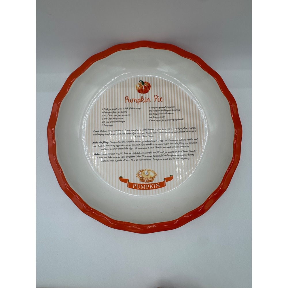 Ceramic Pumpkin Pie Dish with Recipe Scalloped Orange Rim 10.5 Inch Thanksgiving